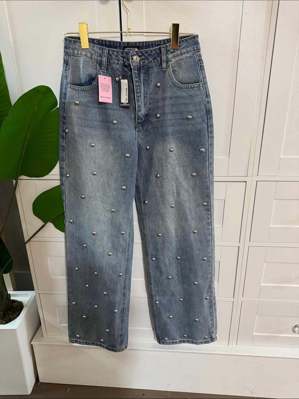 PrettyLittleThing Blue Straight-Leg Studded Jeans